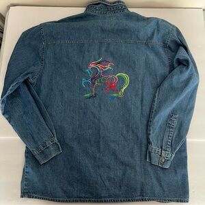 Vintage 90s Western 100% Cotton Denim Shirt Neon Embroidered Horse Women's Large